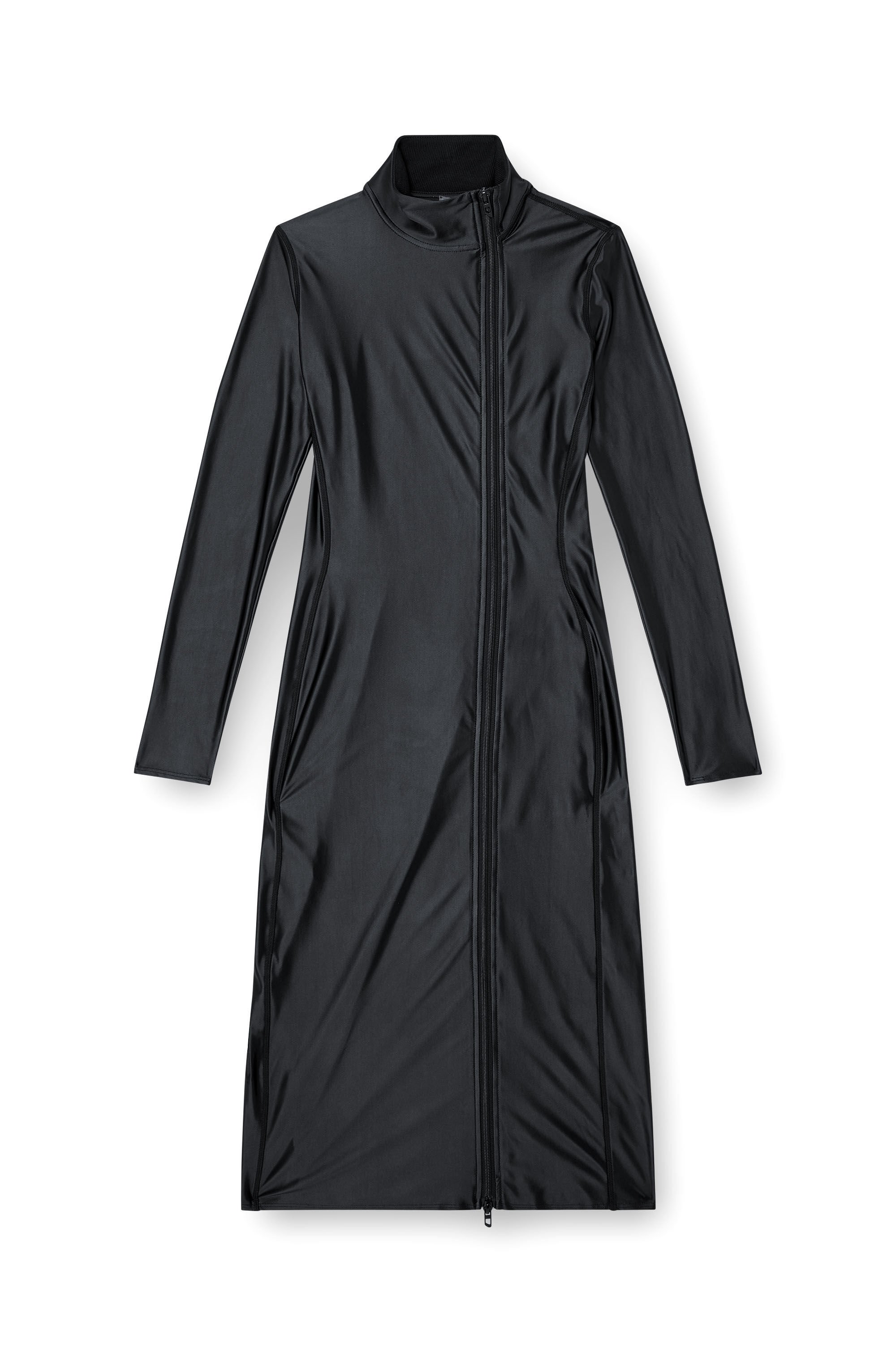 Diesel - D-SILVER, Woman's Mock collar long-sleeve midi dress with chintz finish in Black - 2