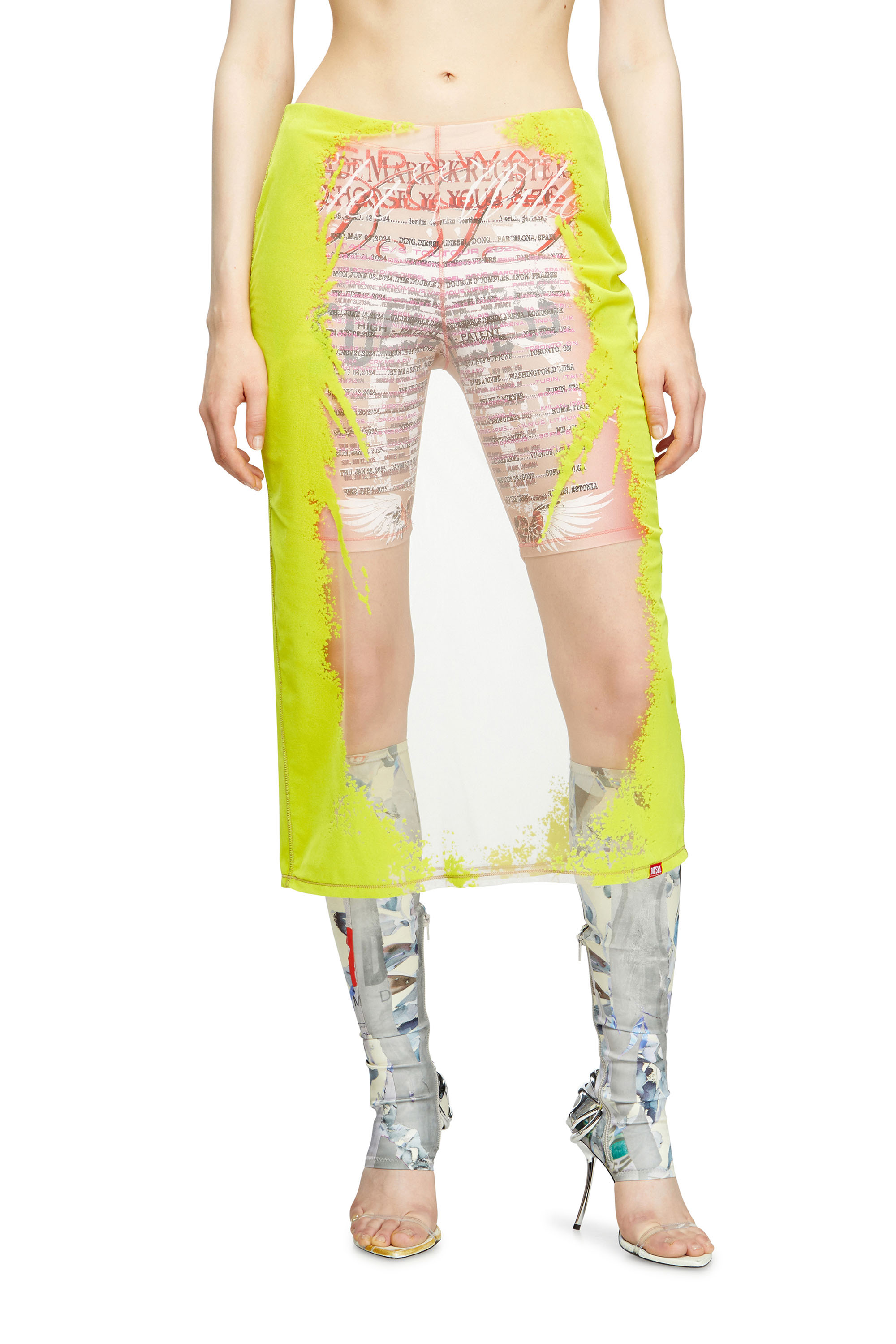 Diesel - O-LYAC, Woman's Layered midi skirt with lyrics print in Yellow/Pink - 1