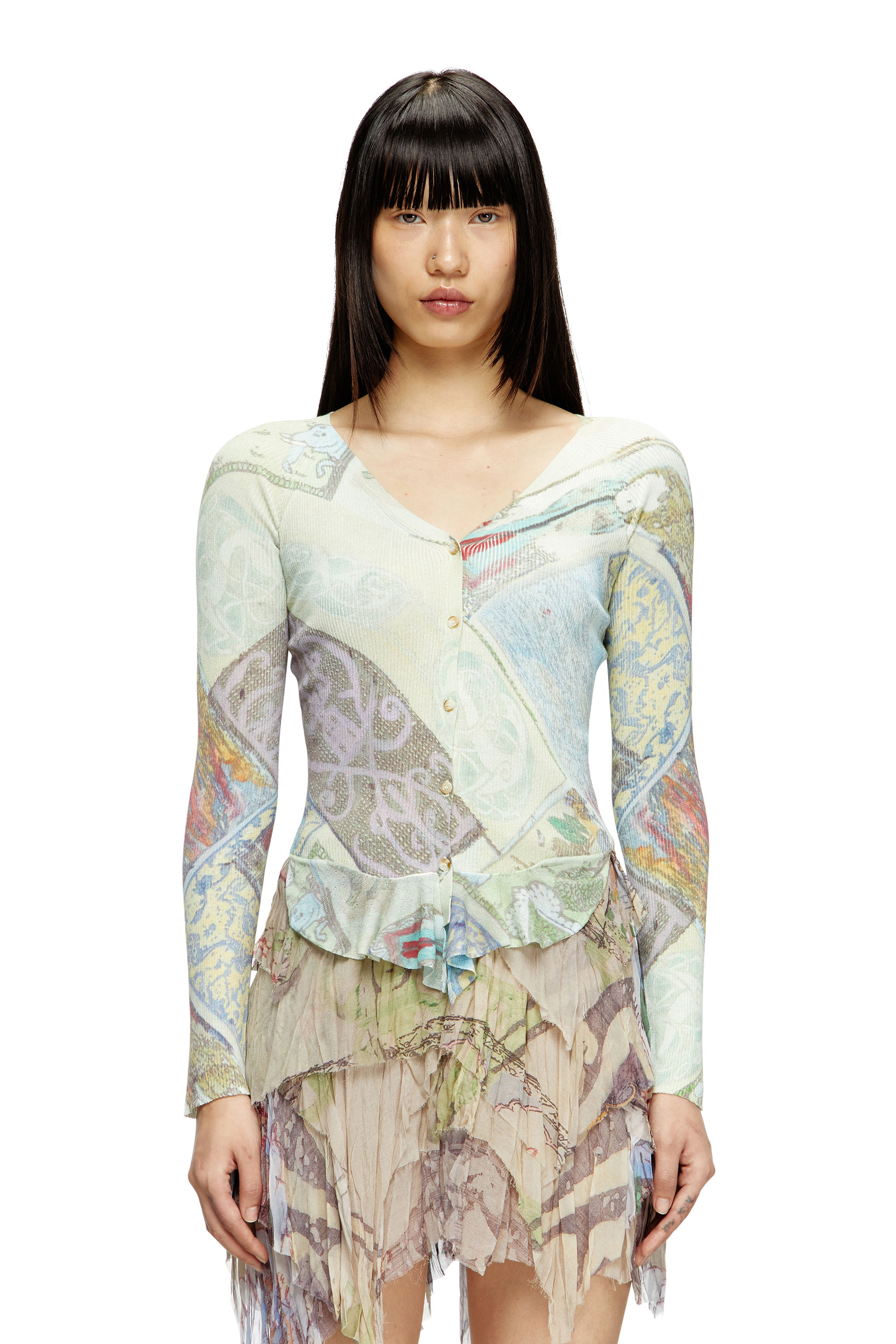 Diesel - M-FIORINA, Woman's Cropped cardigan with medieval print in Blue/Green - 1