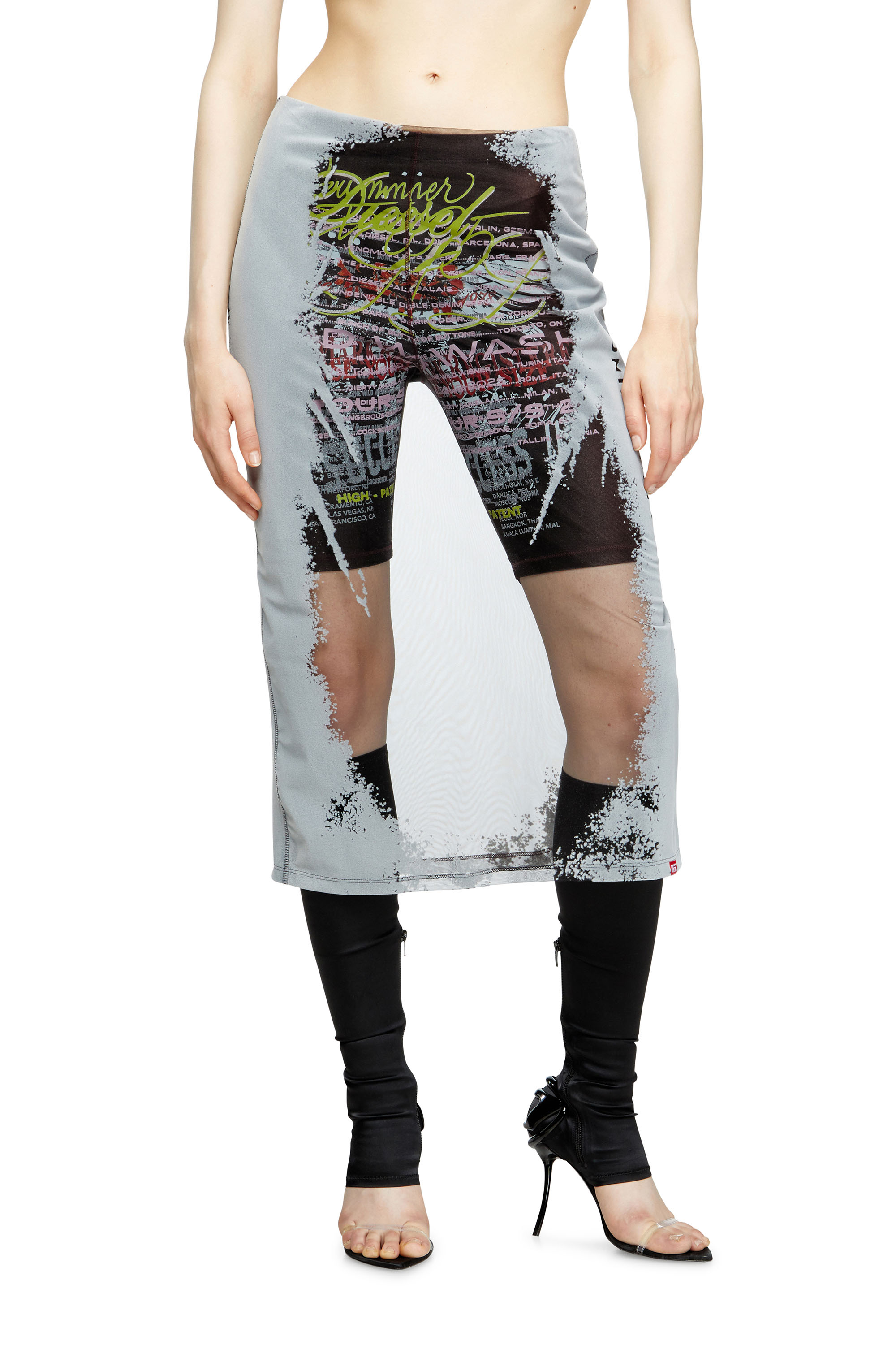 Diesel - O-LYAC, Woman's Layered midi skirt with lyrics print in Black/Grey - 1