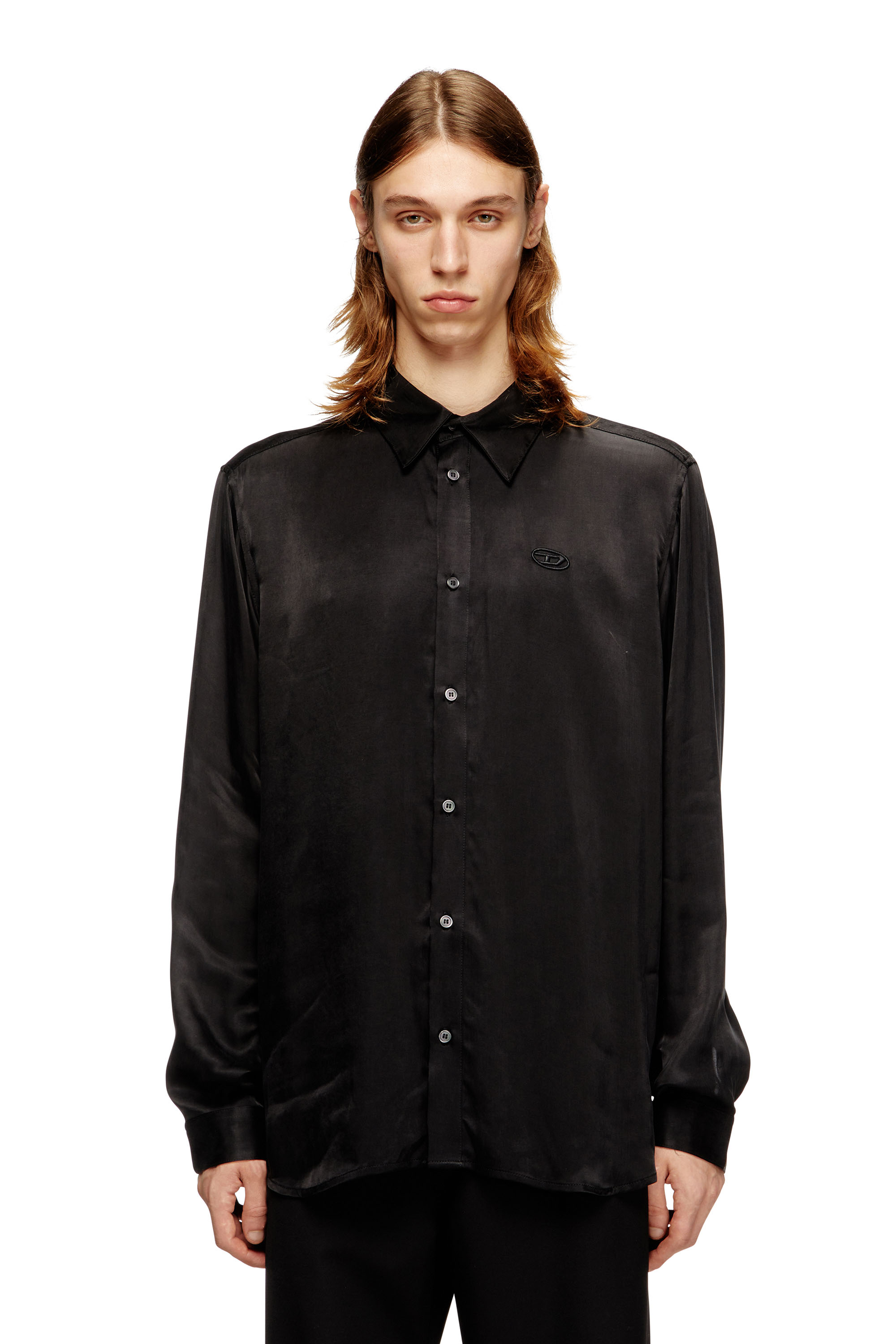 Diesel - S-SIMPLY-AJFU, Man's Cupro shirt with embroidered logo in Black - 1