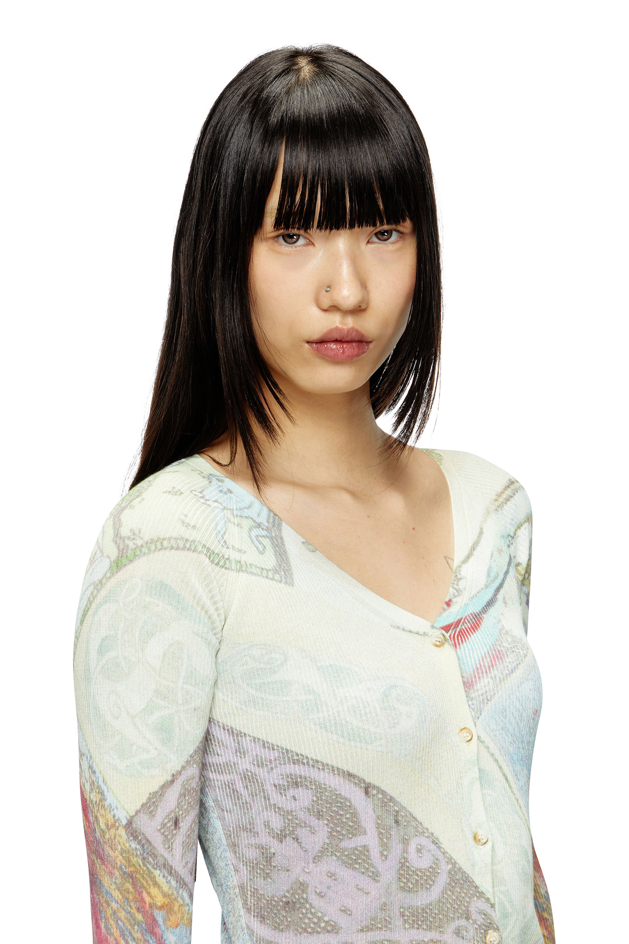 Diesel - M-FIORINA, Woman's Cropped cardigan with medieval print in Blue/Green - 4