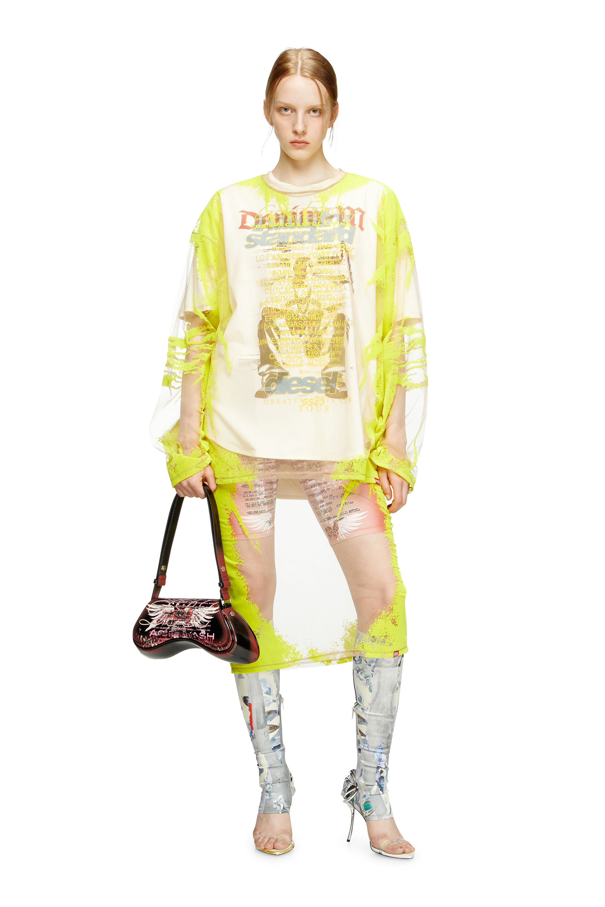 Diesel - O-LYAC, Woman's Layered midi skirt with lyrics print in Yellow/Pink - 2